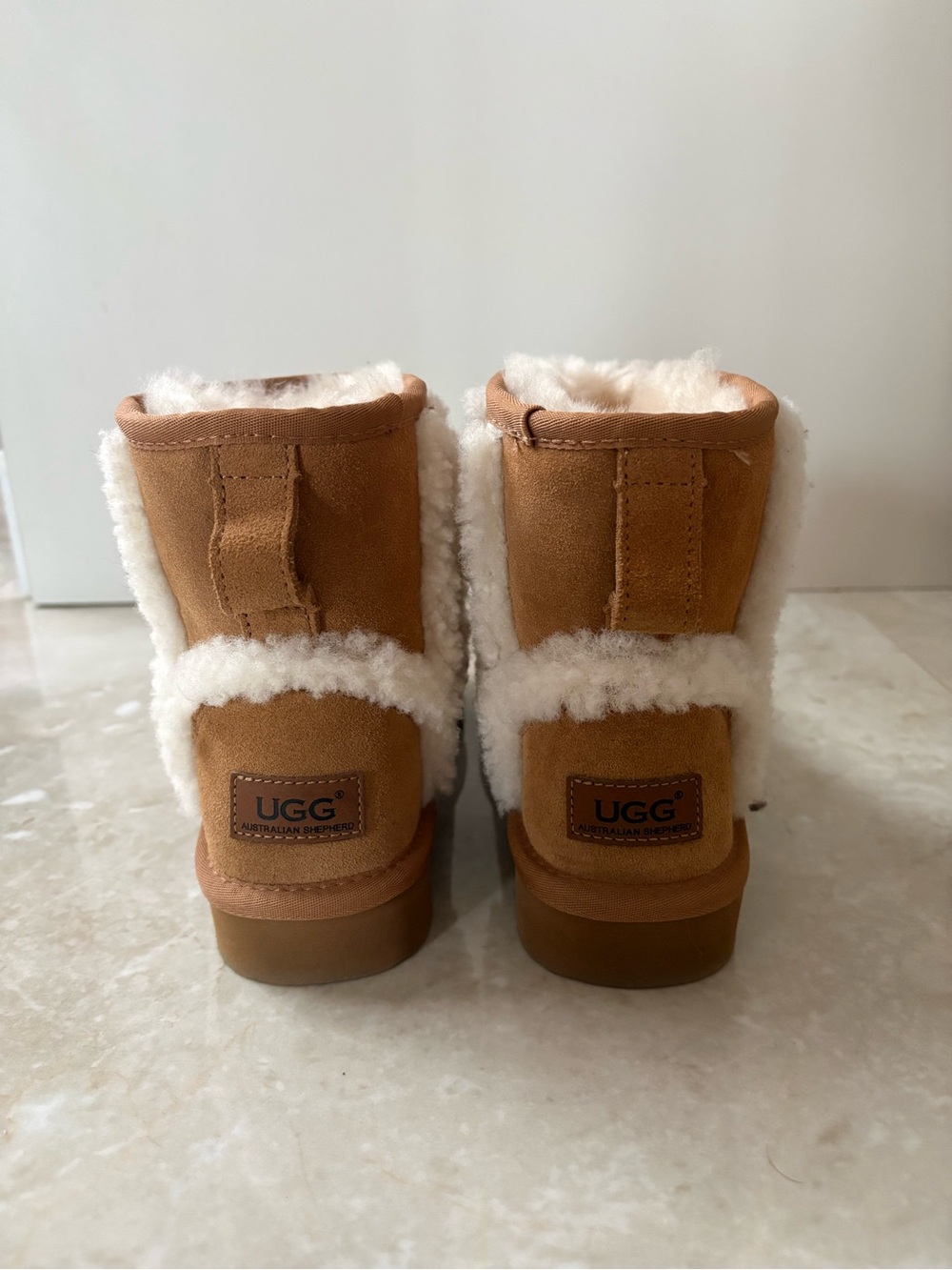 UGG Short Suede Shearling Boots in Chestnut with Cream Trim - Picture 3 of 4